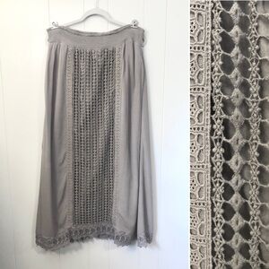 Chico’s Boho Maxi Skirt Crochet Front Panel Taipe Mushroom Neutral Pull On Large